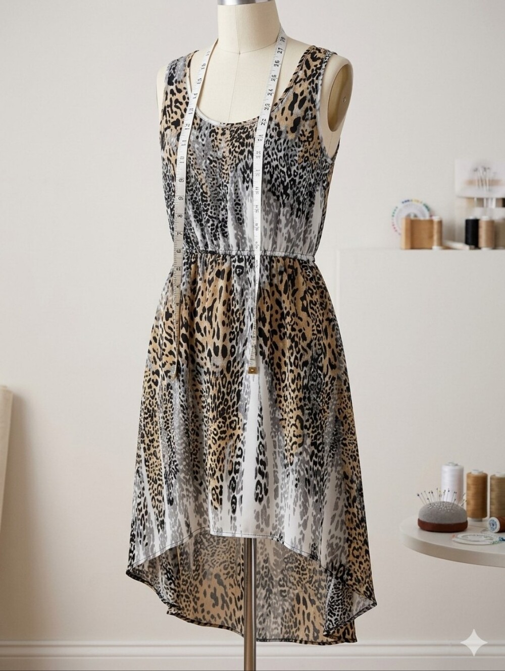 Lustre Sleeveless High-Low Animal Print Dress - Black, White, Tan .Size 10